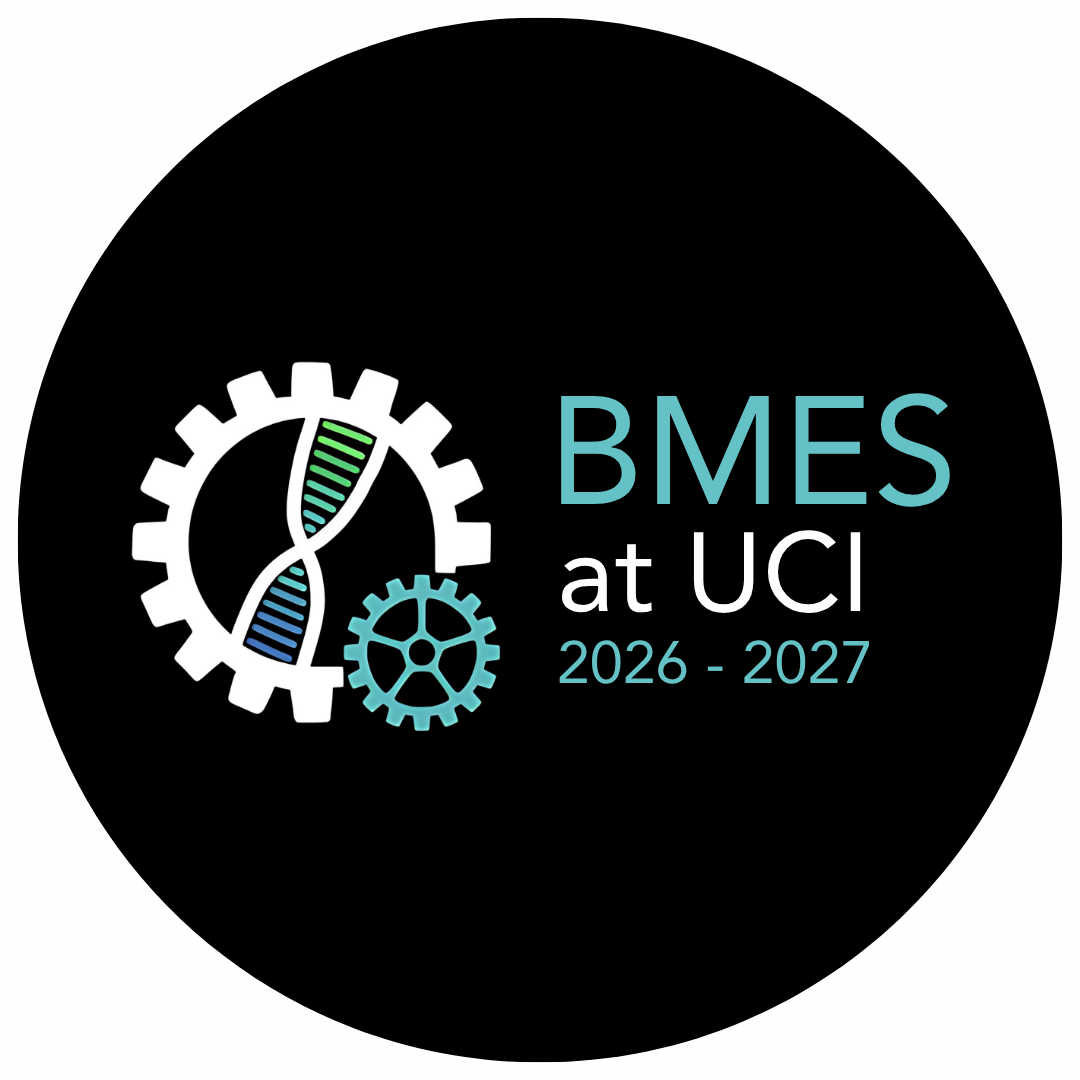 A black circle with the BMES logo (DNA strand within a gear). The text reads BMES at UCI 2026-2027.