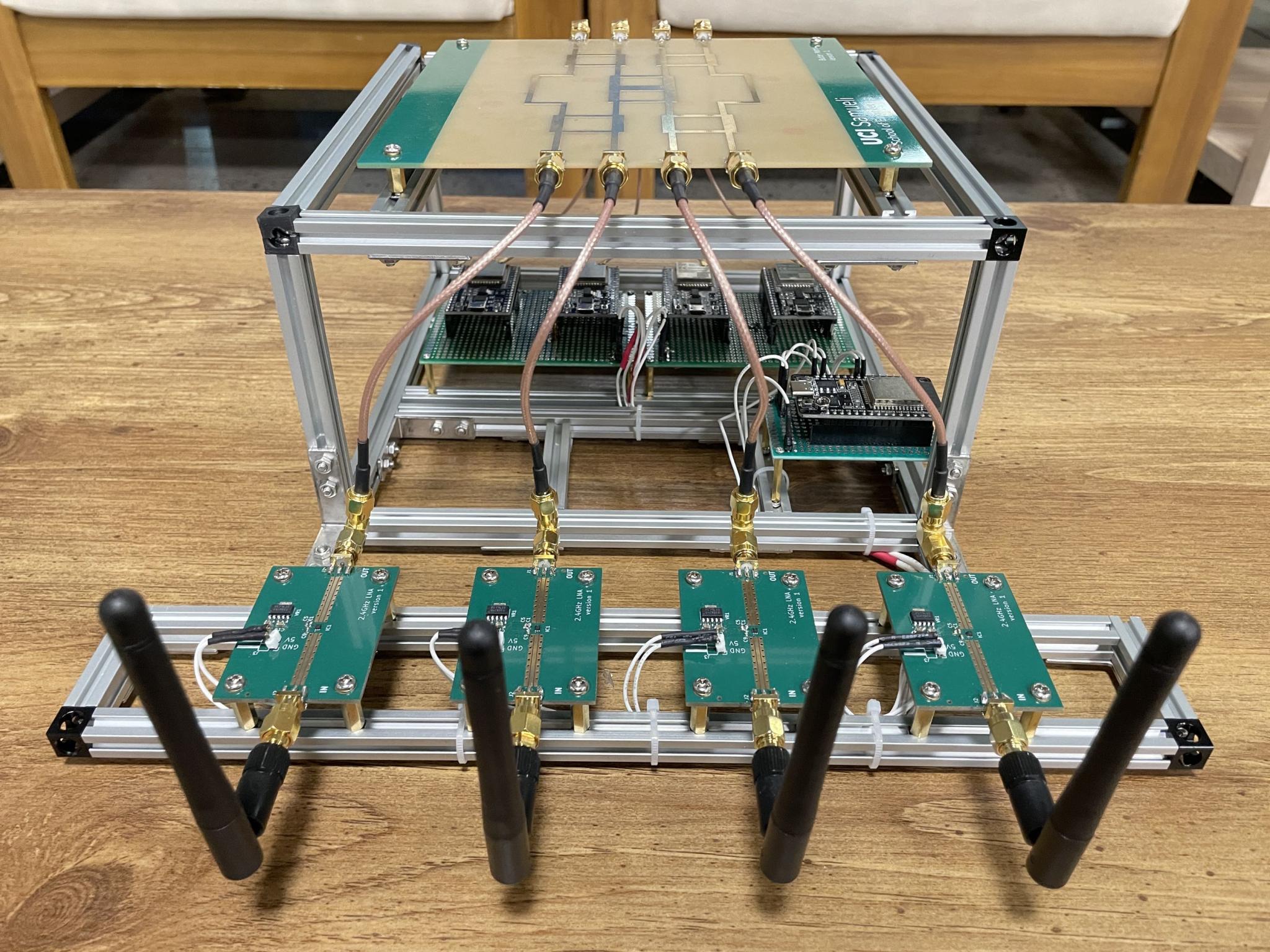Image showing four antennas connected to a butler matrix, and the butler matrix connected to 4 ESP32s.