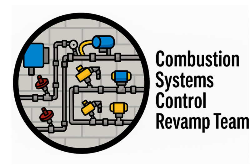 A diagram of interconnected gray pipes against a gray brick wall. Small, stylized valves, pressure regulators, and other components in bright colors blue, yellow, and red are attached to the piping network. To the right of the circle, the words 'Combustion Systems Control Revamp Team' are written in bold, black, sans-serif font, arranged in four stacked lines.