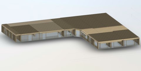 A 3D model of an L-shaped, wood-framed building