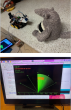 Real-time polar radar visualization interface showing object detection and scanning fan.