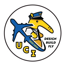 An anteater wearing a pilot outfit with a plane taking off in front of it. The years 2023-2024 are in the plane's path. UCI is underneath the plane and "Design Build Fly" is to the right of the anteater.