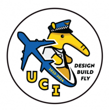 An anteater wearing a pilot outfit with a plane taking off in front of it. The years 2023-2024 are in the plane's path. UCI is underneath the plane and "Design Build Fly" is to the right of the anteater.