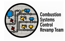 A diagram of interconnected gray pipes against a gray brick wall. Small, stylized valves, pressure regulators, and other components in bright colors blue, yellow, and red are attached to the piping network. To the right of the circle, the words 'Combustion Systems Control Revamp Team' are written in bold, black, sans-serif font, arranged in four stacked lines.