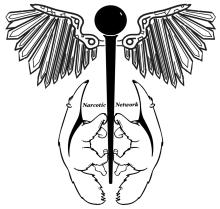 Caduceus surrounded by two UCI anteaters
