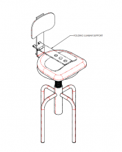 Isometric view of a Computer-Aided-Design model of the Adjustable Backrest secured onto a lab stool.