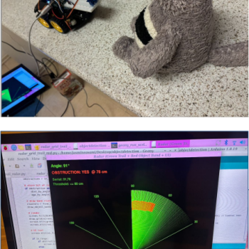 Real-time polar radar visualization interface showing object detection and scanning fan.