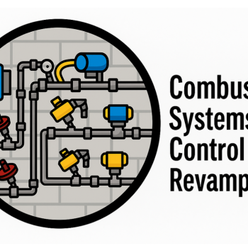 A diagram of interconnected gray pipes against a gray brick wall. Small, stylized valves, pressure regulators, and other components in bright colors blue, yellow, and red are attached to the piping network. To the right of the circle, the words 'Combustion Systems Control Revamp Team' are written in bold, black, sans-serif font, arranged in four stacked lines.