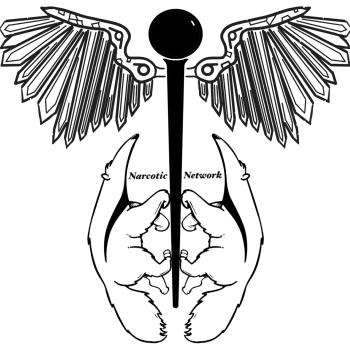 Caduceus surrounded by two UCI anteaters