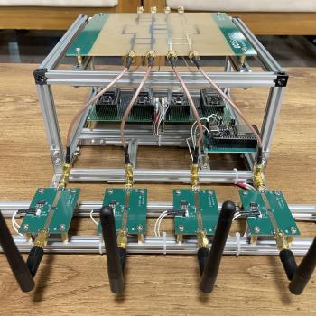 Image showing four antennas connected to a butler matrix, and the butler matrix connected to 4 ESP32s.